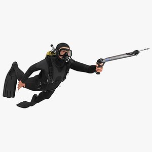 Diver with Underwater Speargun Rigged for Cinema 4D 3D
