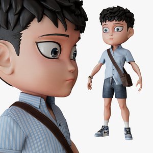 Chibi Boy Shirt shorts Snecker Blue Bag Brown 3D model