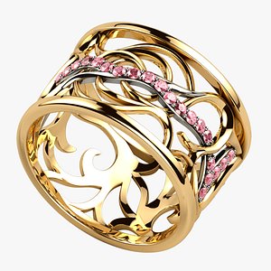 3D Diamonds Line Rhodium Plating Gold Ring