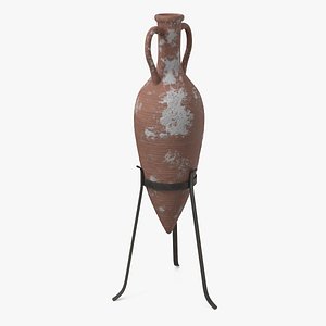 Antiqued Greek Terracotta Amphora on Metal Stand Brown model