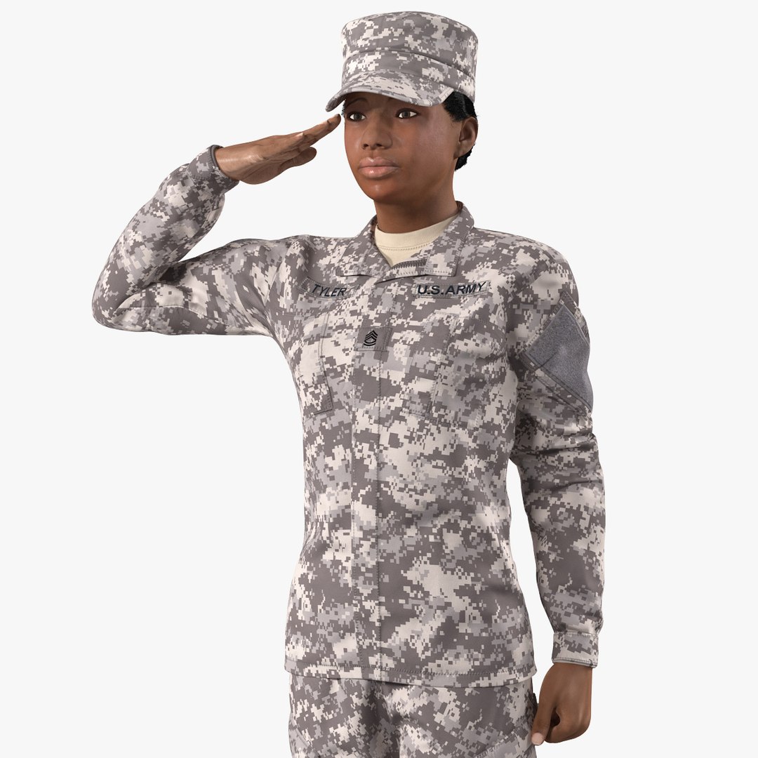 Black Female Soldier Military ACU Saluting Pose Fur 3D model preview