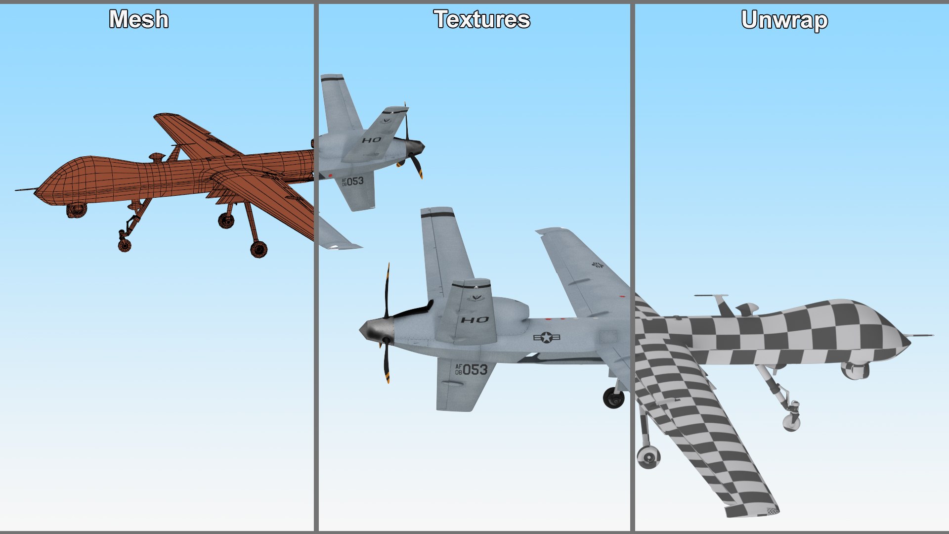 Unmanned Aerial Vehicle MQ-9 Reaper Drone Rigged for Maya 3D model https://p.turbosquid.com/ts-thumb/re/swJa4U/Mu/unmannedaerialvehiclemq9reaperdroneriggedformayavray3dmodel028/jpg/1723099812/1920x1080/fit_q87/5fcf3b2f329d2ccecd2fbe84f45b7793f97612ee/unmannedaerialvehiclemq9reaperdroneriggedformayavray3dmodel028.jpg