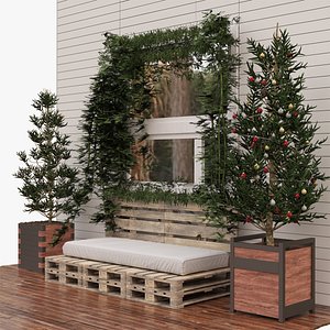 Exterior wall Christmas decoration with sofa and pine trees model