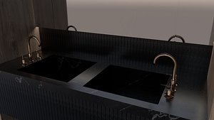 Modern Double Black Marble Sink with Brass Faucets Low-poly 3D model 3D model