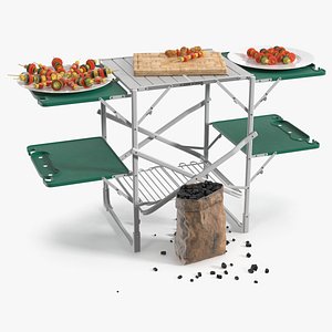 3D Folding Grill Table with Cutting Board and Charcoal Starter Green