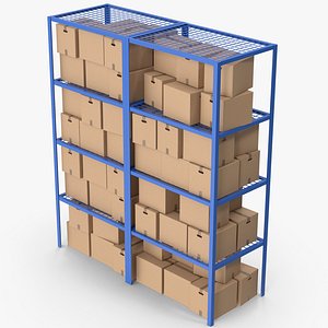 Blue Warehouse Racks And Cardboard Boxes 3D