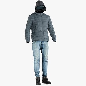 Men's Down Jacket with Jeans, Jacket, Hat and Boots