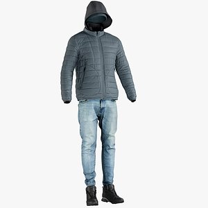 Men's Down Jacket with Jeans, Jacket, Hat and Boots