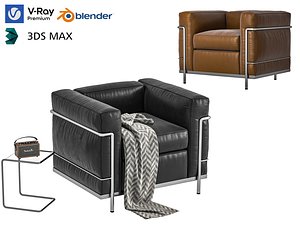 Modern Classic Leather Cube Lounge Chair Decor Set 3D Model 3D