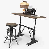 Retro Office Write Table with Classic Lamp and Mechanical Typewriter