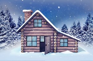 Stylized Winter Log Cabin House