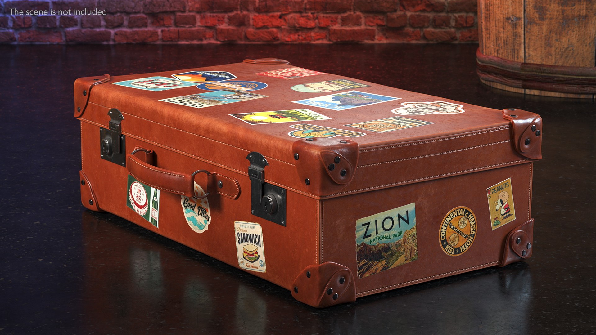 Vintage Leather Suitcase Medium Brown with Travel Stickers model
