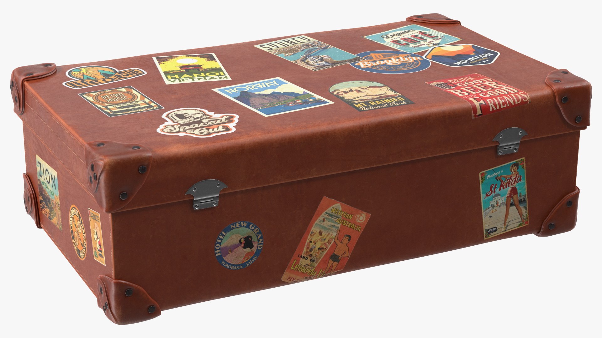 Vintage Leather Suitcase Medium Brown with Travel Stickers model