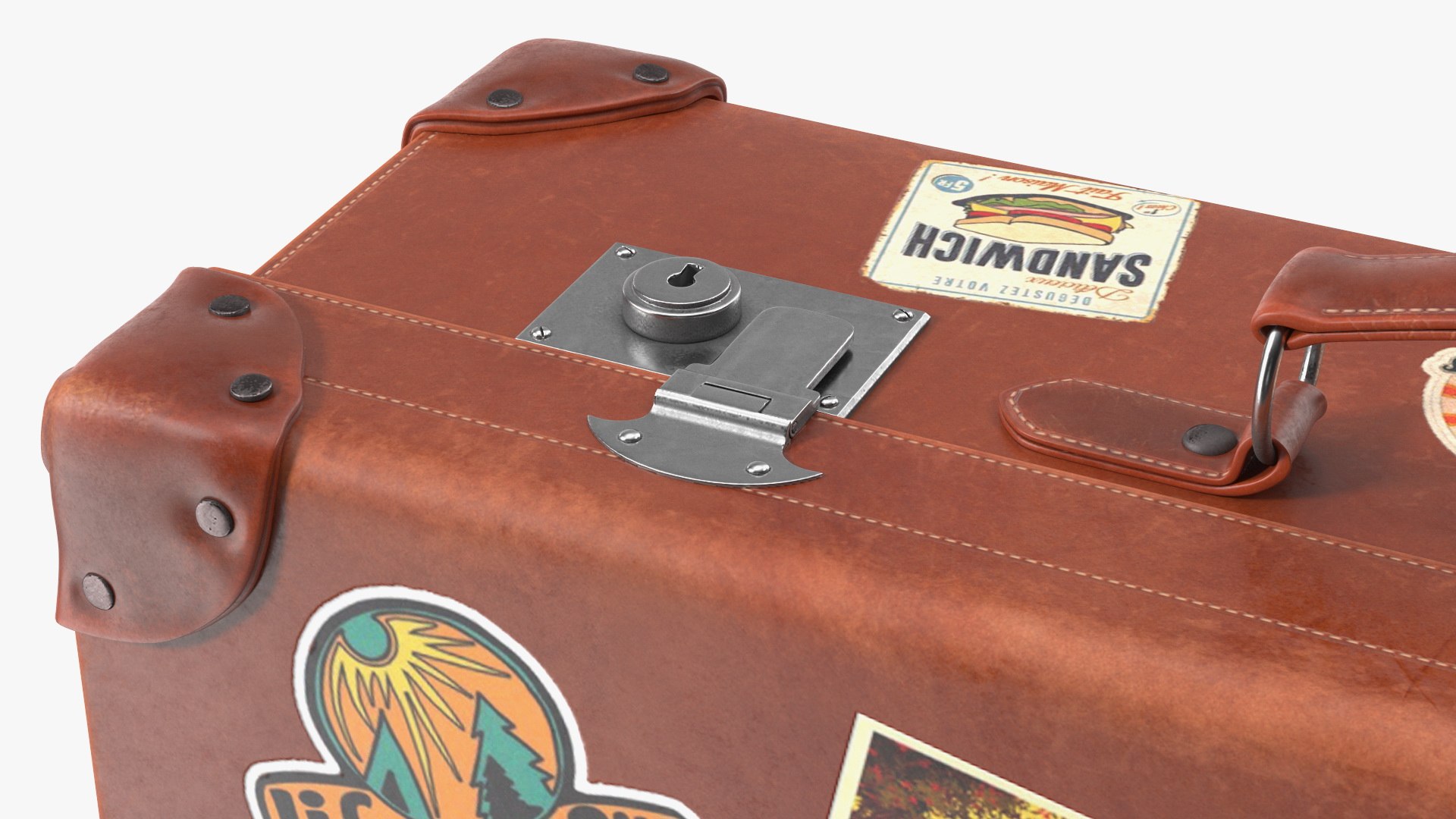 Vintage Leather Suitcase Small with Travel Stickers 3D Model $49