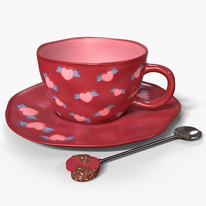 Heart Pattern Coffee Cup with Saucer and Spoon model