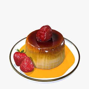 3D model Caramel Custard Pudding with Strawberry