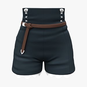 High Waist Shorts Belt Scallops Stitch Decorated Black Dark Navy 3D
