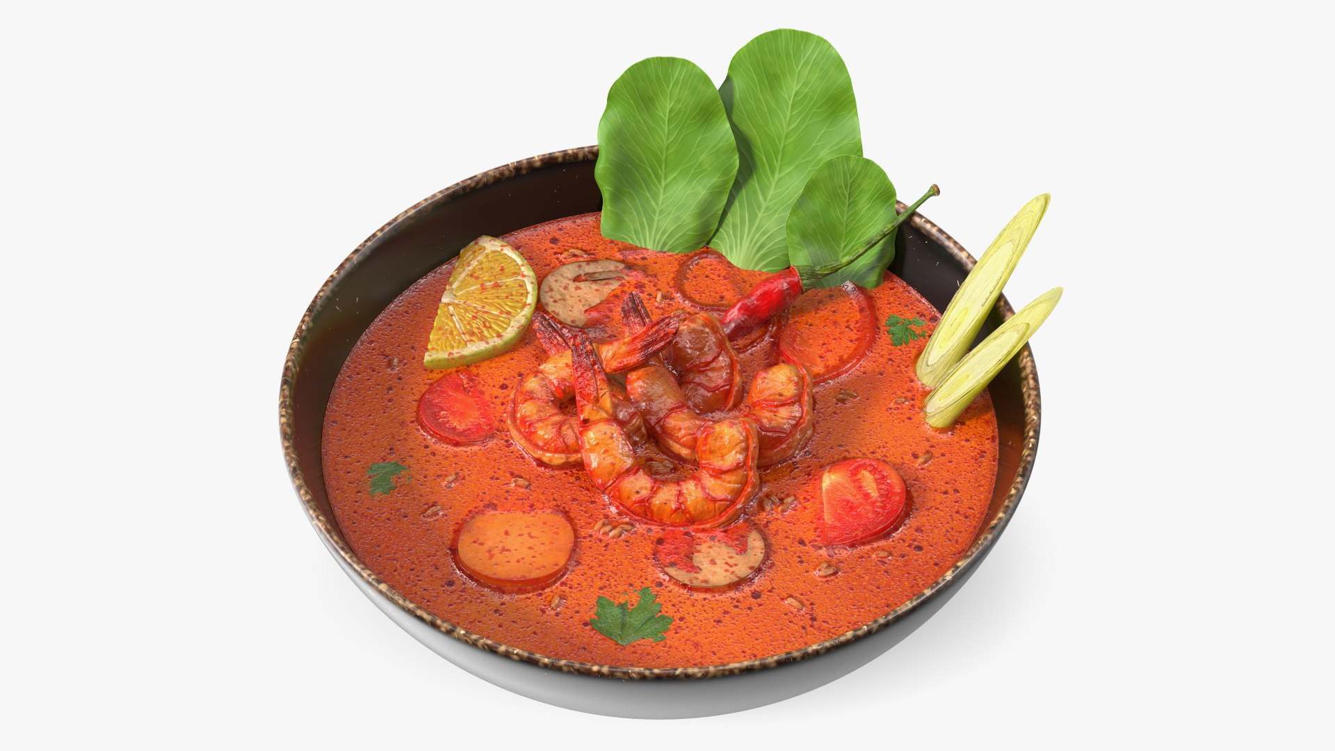 Spicy Tom Yum Soup with Shrimp and Bok Choy Leaves 3D model preview