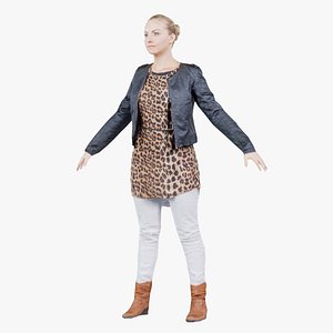 Woman in Boots Leather Jacket and Leopard Dress Standard Pose Remastered