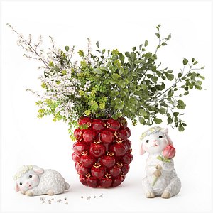 Bouquet Flowers Cherry Branches Pomegranate Vase new 3D