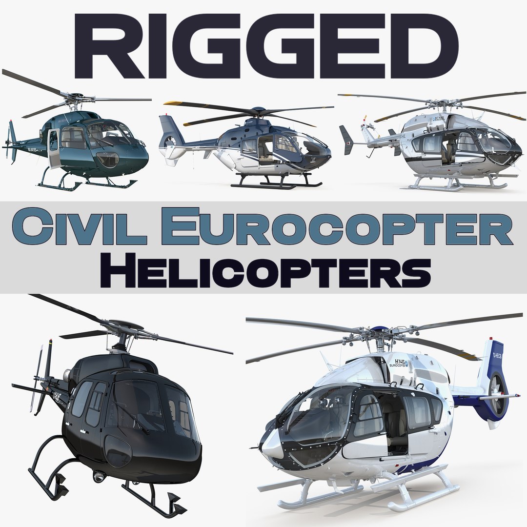 Rigged Civil Eurocopter Helicopters 3D Models Collection 3D model preview