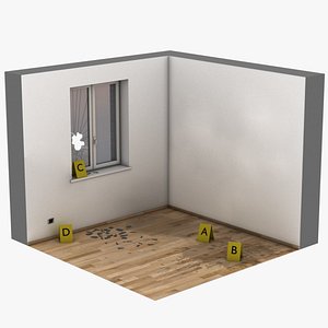 Crime scene room with broken glass