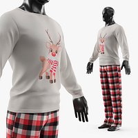Mens Pajama Set with Reindeer Print Red Black White