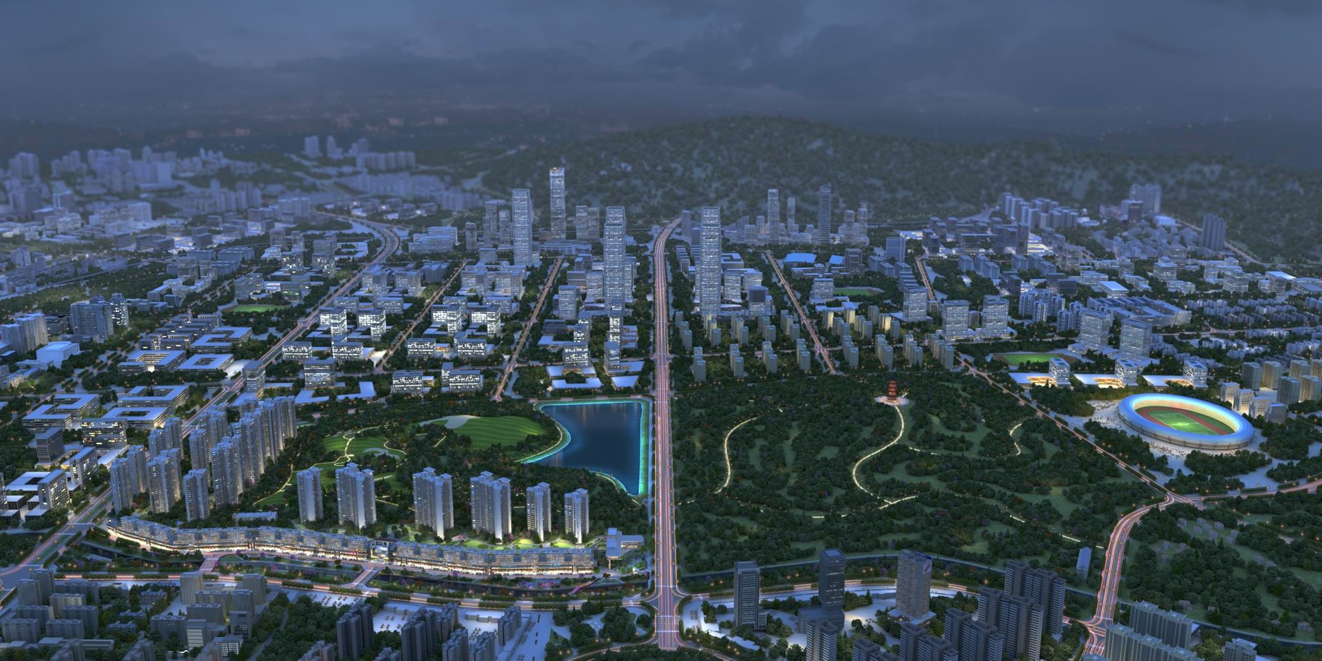 Aerial View Of City Night Scene 3D Building Animation Model 3D ...