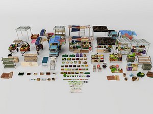 3D Outdoor Market Stalls and Agricultural Products model