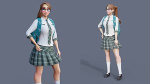 3D Cartoon School Girl Rigged Blender model