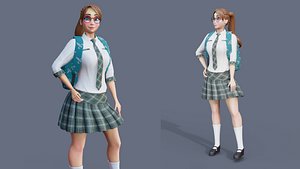Cartoon School Girl Rigged Blender