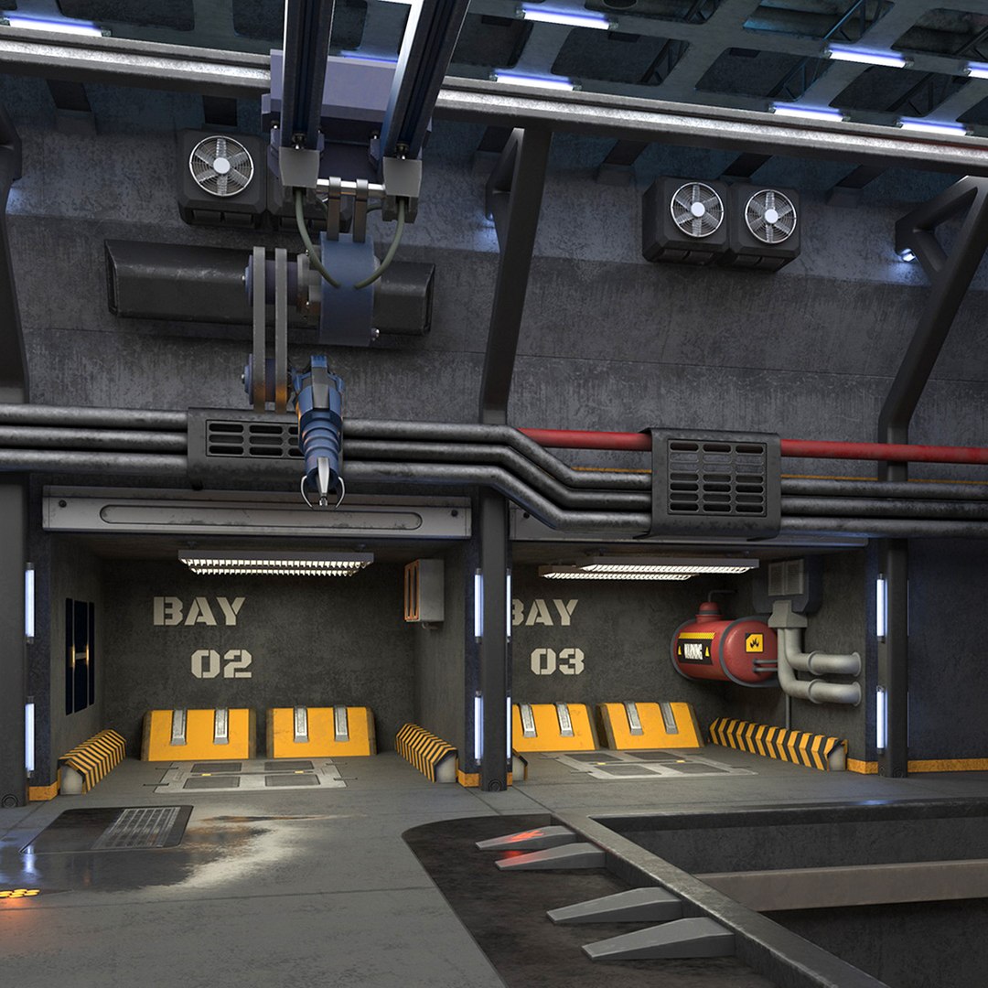 Futuristic Hangar Interior Blue Lights 3D model preview