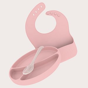 Baby plate, spoon, bib
