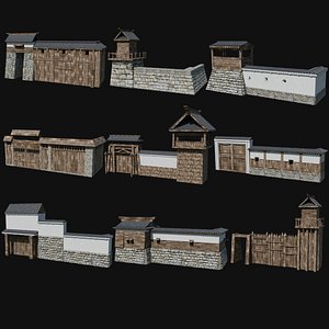 3D MODULAR JAPANESE WALLS PALISADE FEUDAL FENCE BARRIER COLLECTION