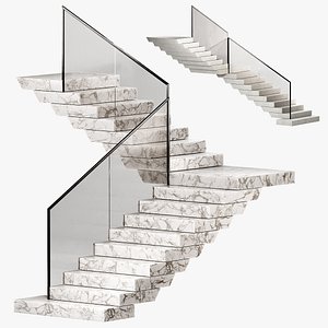3D model Modern Stairs Stone steps Metal glass railings 2 color options - marble and concrete