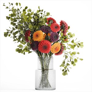 Bouquet of flowers Chrysanthemum Dahlia branches vase 385 3D model