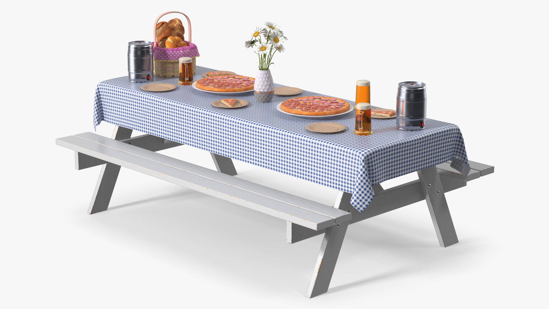 Picnic Table Served Blue Tablecloth with Pizza and Beer