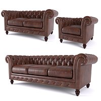 Brooklyn Chesterfield Leather Sofa and Loveseat and Armchair 3D model