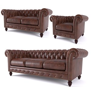 Brooklyn Chesterfield Leather Sofa and Loveseat and Armchair 3D model