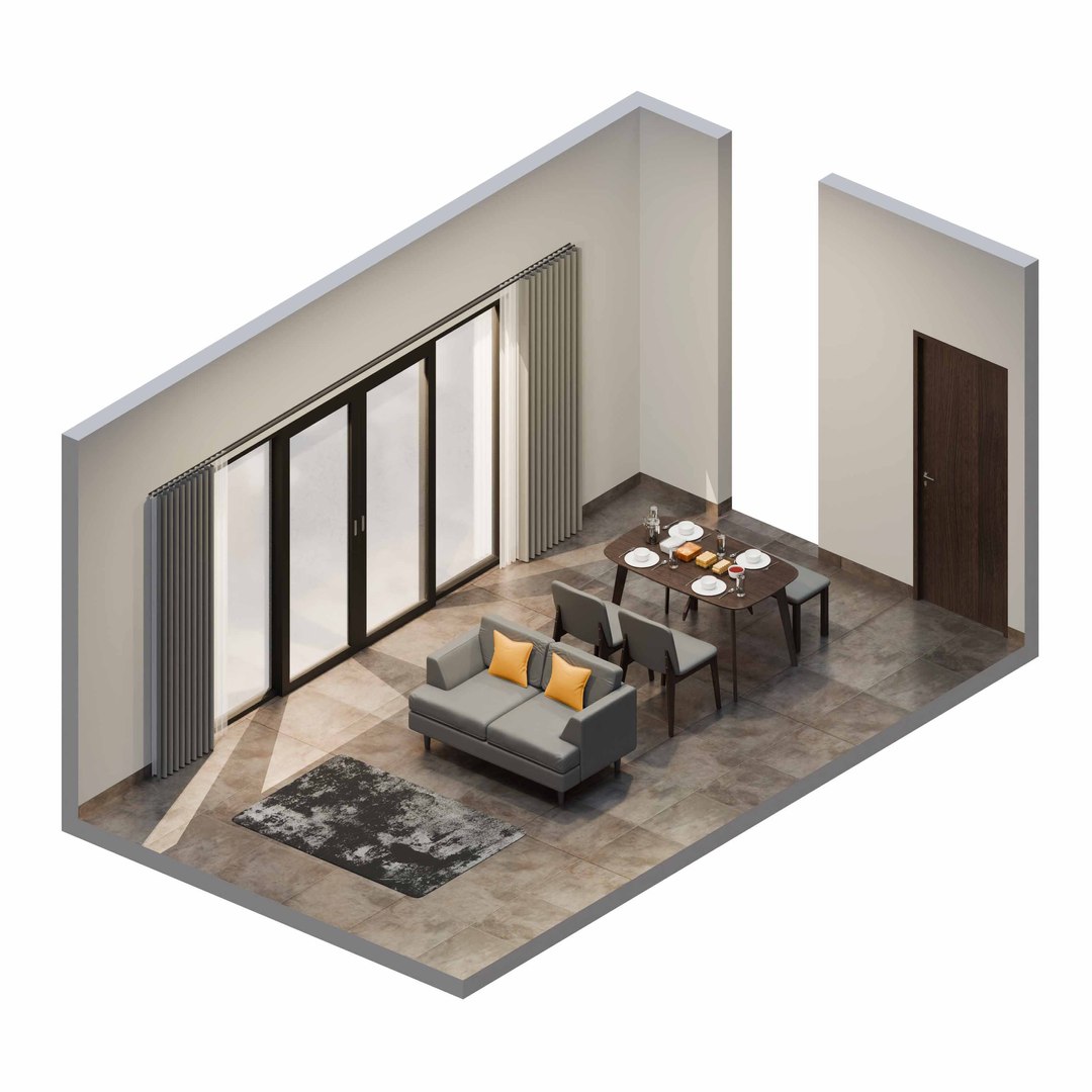 3D Isometric Open Space Dining Living Room - TurboSquid 2433059