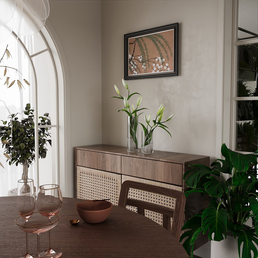 3D Serene Japandi Dining Room With Round Wooden Table And Indoor Plants ...