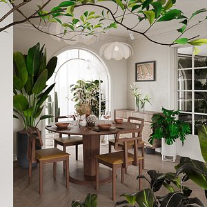 3D Serene Japandi Dining Room with Round Wooden Table and Indoor Plants model