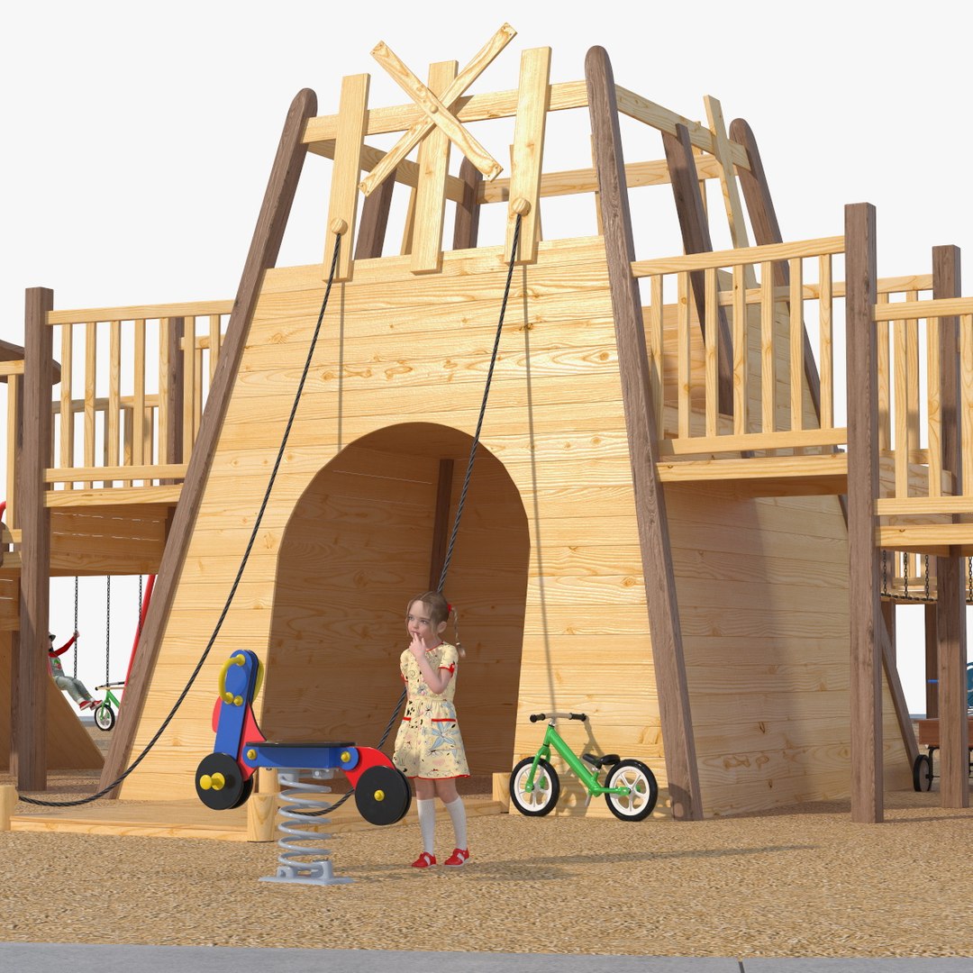 Wooden Playground with Children Playing