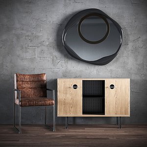 A set of furniture - a chair a chest of drawers a mirror