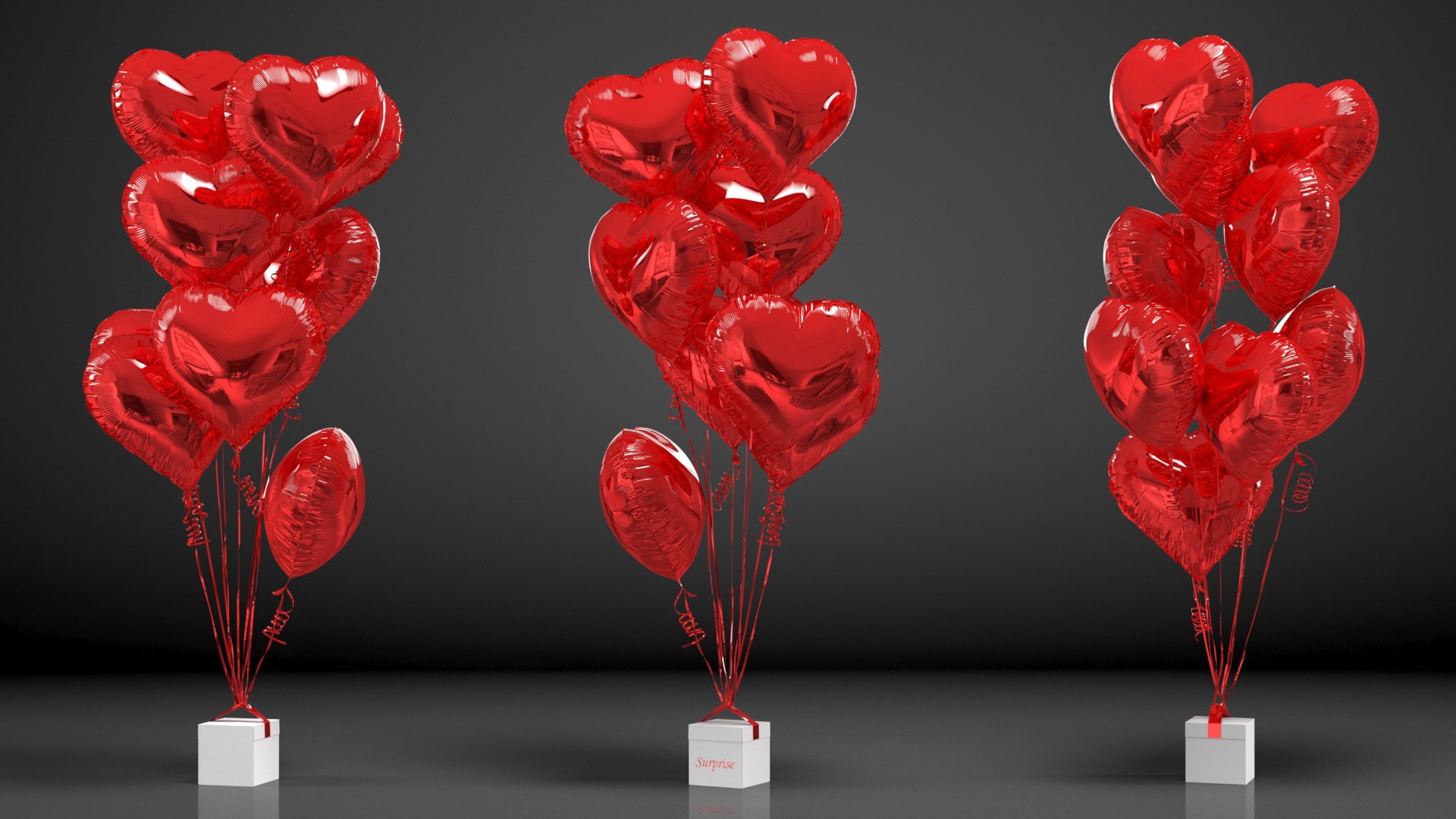 Heart Shaped Red Balloons Tied To Gift Box Model - TurboSquid 1814918