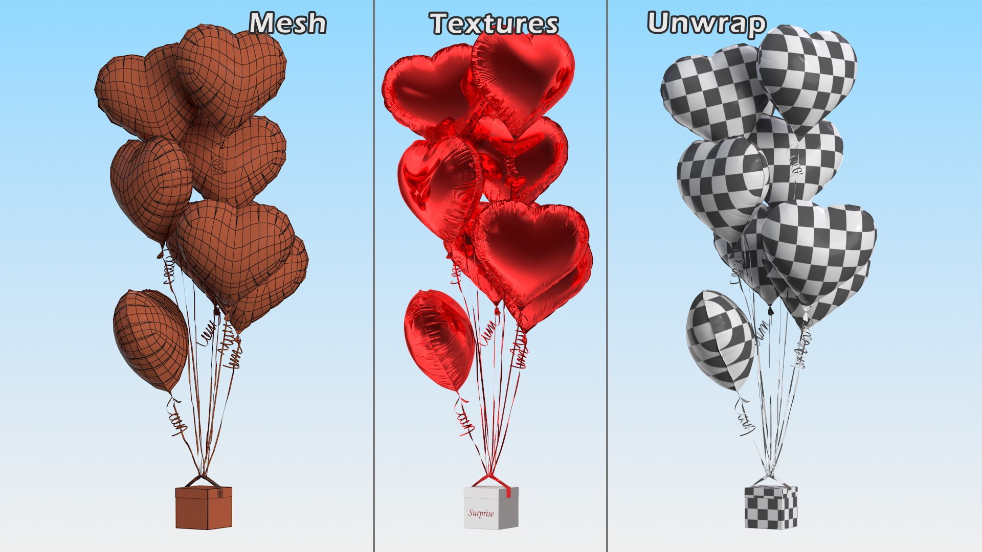 Heart Shaped Red Balloons Tied To Gift Box Model - TurboSquid 1814918