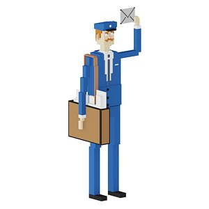 3D Cartoon 8 bit voxel art postman holding mail low poly
