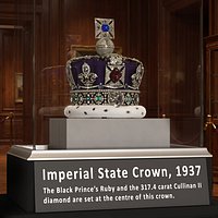 Imperial State Crown in Glass Exhibition Stand Fur