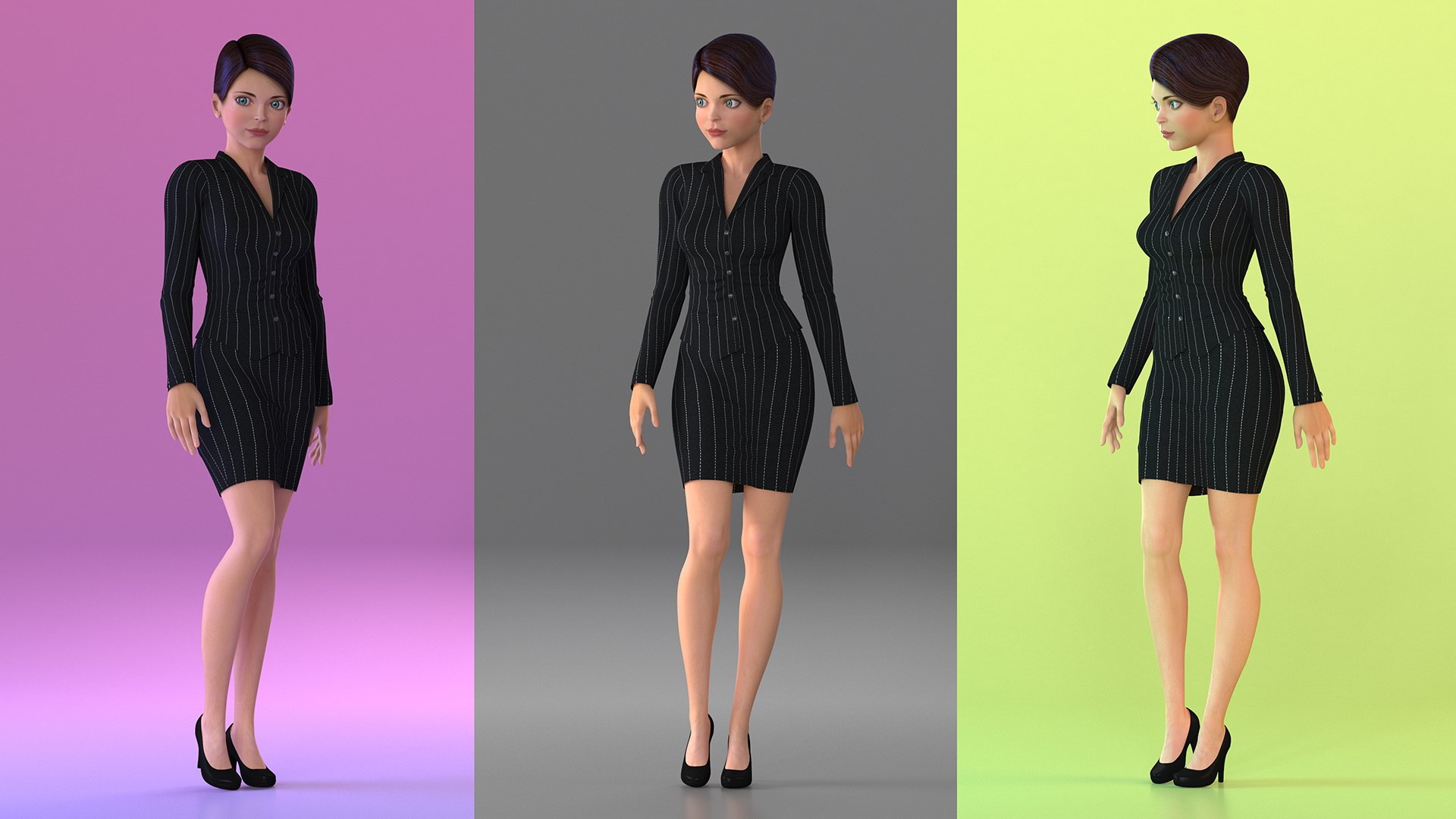 Cartoon Young Woman Office Clothes Standing Pose 3D model preview