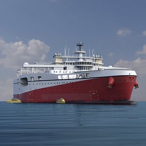 Geophysical Vessel in Open Water with Small Boats Deployed White and Red